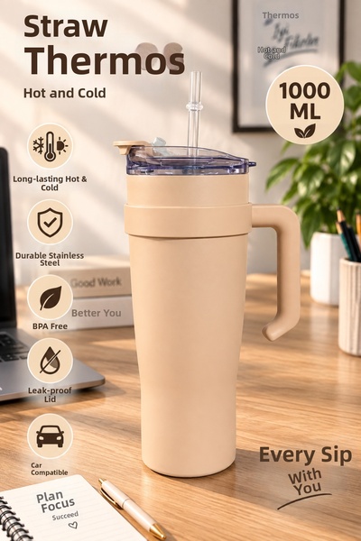 Funny Life Double Wall Travel Leak-Proof Steel Thermos 1000 ml Steel Flask wi...