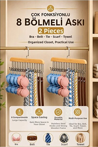 AYGÖREN HOME 2 Pieces 8 Compartments Wooden Belt Tie Scarf Scarf Hanger Bra H...