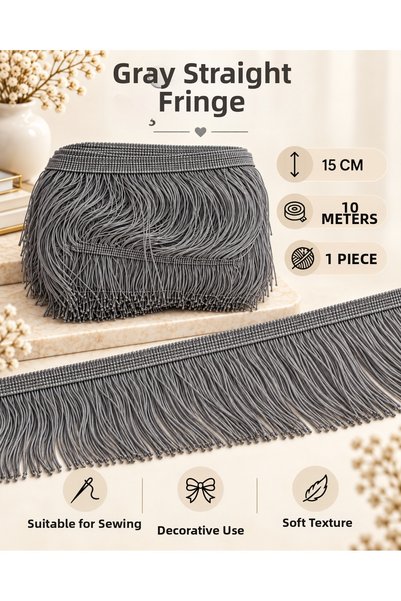 kubbe tekstil aksesuar Gray Flat Fringe Tassel 15 cm 10 Meters – Curtain, Runner, Tablecloth, Pillow and Decorative Textile Trim Strip
