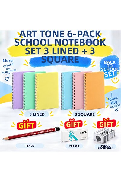 Art Tone 6-Piece Pastel Spiral School Notebook Set with Lines and Squares, 72...