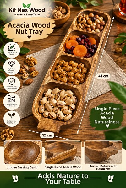 Kifnexwood One-Piece Acacia Wood 4-Compartment Snack & Nut Serving Plate – 41...