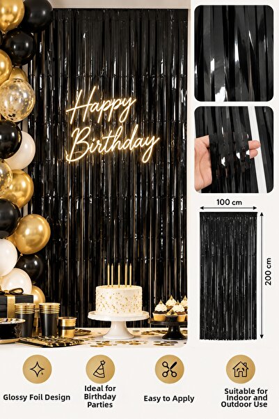 Partifabrik Black Wall Background Tassel Decor Curtain 1 Meter Wide and 2 Met...
