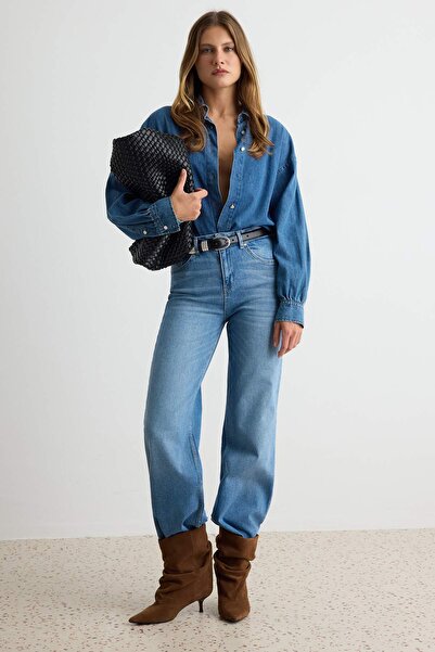 Trendyol Collection Premium Blue Low Stretch High Waist Wide Leg Jeans Twoaw2...