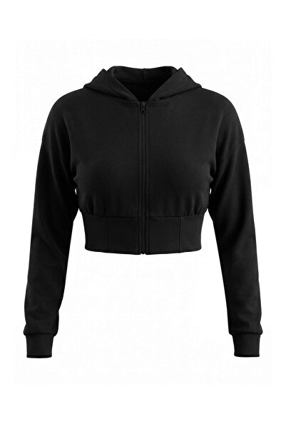 Trendyol Collection Black Thick Fitted Hooded Zippered Low Sleeve Crop Knitte...
