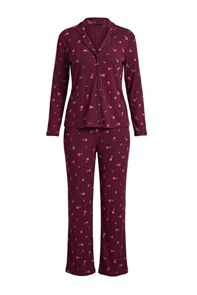 Trendyol Collection Plum 100% Cotton Floral Pointel Knitted Pajamas Set Thmaw...