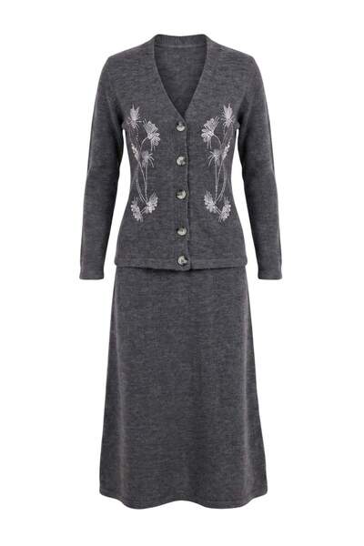 Trendyol Modest Gray Regular Selanik Floral Knitwear Hijab Bottom - Top Set T...