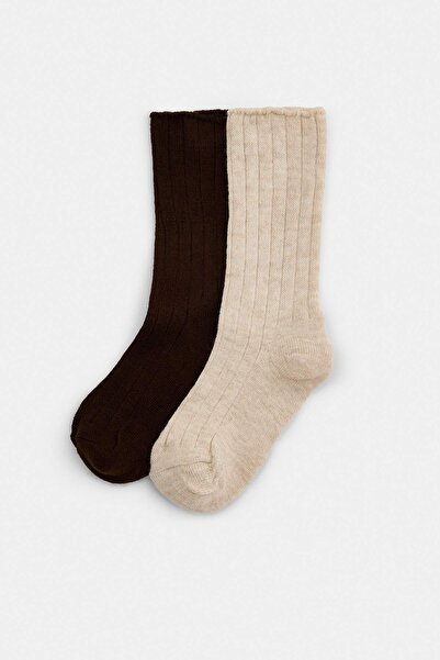 Trendyol Kollektion Ecru-Braune 2-teilige einfarbige Jacquard-Stricksocken TH...