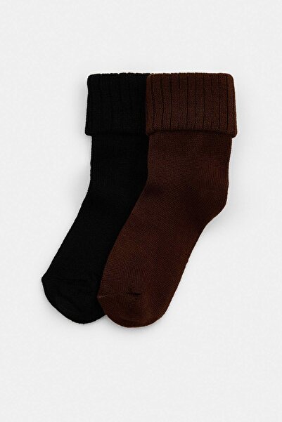 Trendyol Collection Black-Brown 2-Piece Plain Jacquard Knitted Socks Thmaw27C...