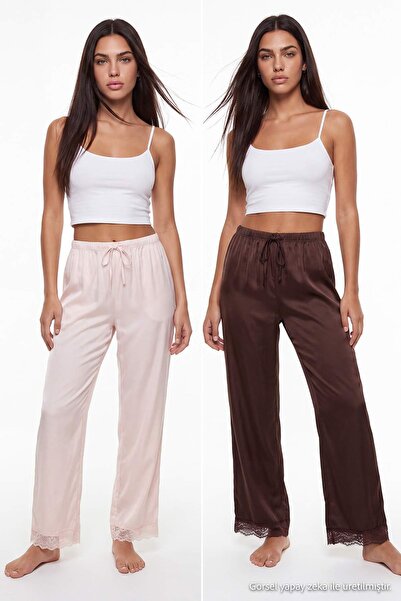 Trendyol Kollektion Ecru-Brauner Pyjamahose aus 100 % Polyester mit glattem S...