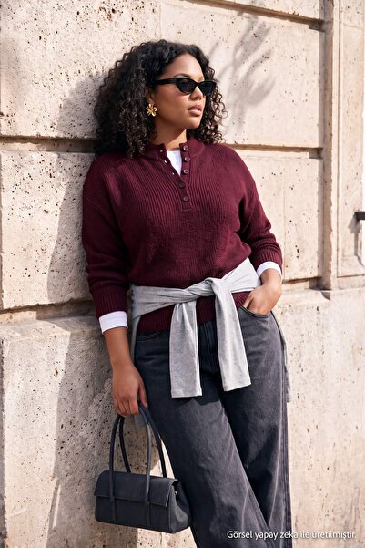 Trendyol Curve Wardrobe Essentials Burgunderroter Strickpullover mit weicher ...