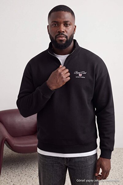 Trendyol Collection Large Size Black Oversize Fleece Inside Embroidered Zippe...
