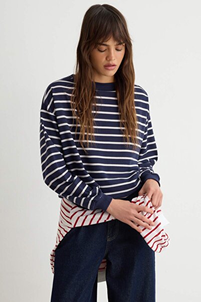 Trendyol Collection Navy Blue 2 Thread Crew Neck Striped Regular Knitted Swea...