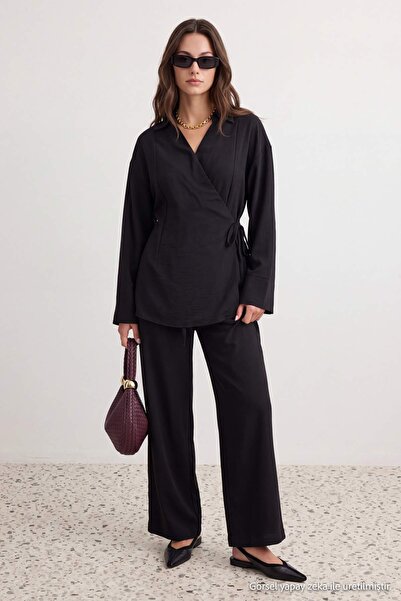 Trendyol Modest Μαύρη διπλόστηθη μπλούζα με υφαντό παντελόνι - Σετ μπλούζα κα...