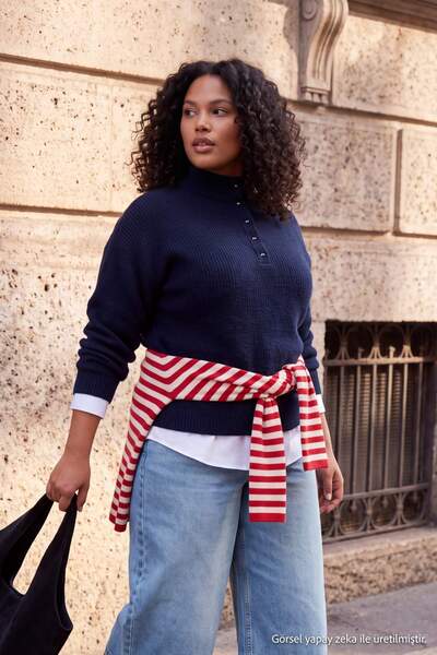 Trendyol Curve Wardrobe Essentials Navy Blue Soft Textured Knitwear Sweater T...