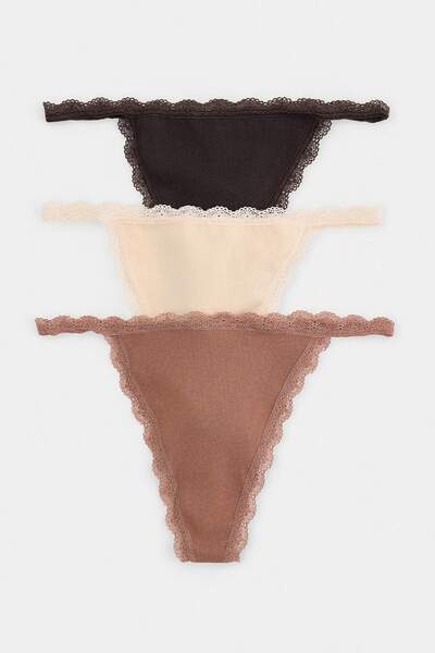 Trendyol Collection Brown-Multicolor 3-Piece Single Jersey Plain Thong Pantie...
