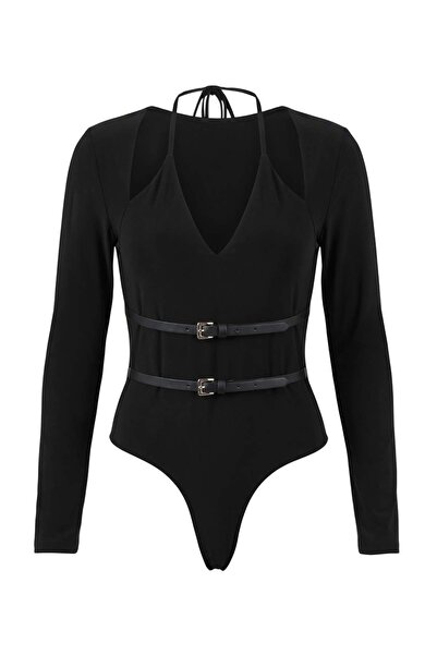 Trendyol Collection Black Deep V-Neck Snap Belt Detailed Bodysuit Tpraw27Bd00028