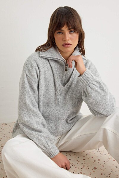 Trendyol Collection Gray Soft Textured Double Collar Detailed Knitwear Sweate...