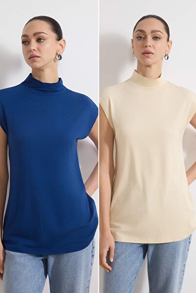 Trendyol Modest Μπλε-μπεζ 2-τεμαχιακό πακέτο Πλεκτό τουνίκ με ψηλό γιακά και ...