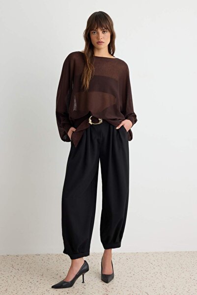 Trendyol Collection Brown Boat Neck Bat Sleeve Transparent Basic Knitwear Swe...