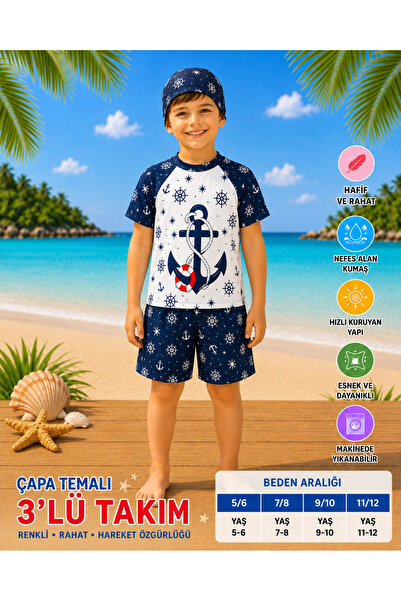 rony pony kids Erkek Çocuk Beyaz Şapkalı Mayo Takımı - 3 Parça