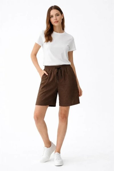Generic Brand Linen Fabric Pocketed Relaxed Fit Shorts with Elastic Waist - Brown