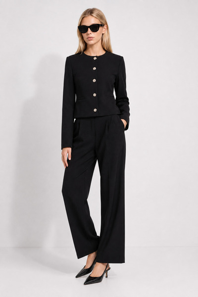 Lovelyİstanbul Gold Buttoned Woven Jacket-Pants Set Laz0014 Black
