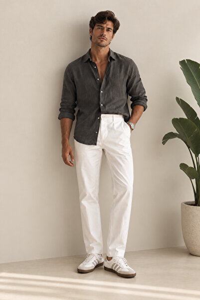 BRACCAS Men's Dobby Slim Fit White Trousers