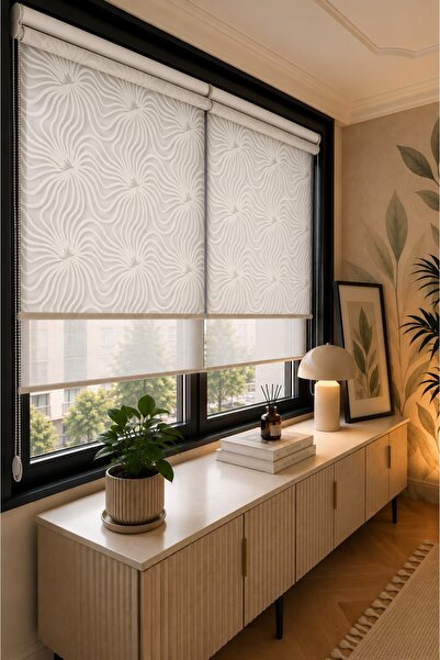 PERDEMANİA Çiftli Sistem Hare Desenli Tül ve Ekru Mat Polyester Stor Perde