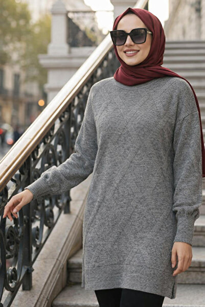 N.S NEVA STYLE Pulover tricotat gri cu model Baklava, stil Tesettür 6008GR