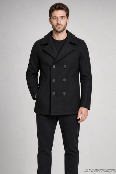 Freemen Men's Black Double-Breasted Collar Wind-Resistant Winter Cashmere Jacket with Quilted Interior