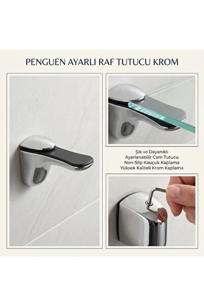 FREKANS Penguen Ayarlı Raf Tutucu Krom Cam Ahşap Raflar İçin 1 Adet Metal Man...