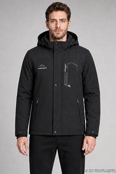 Freemen Men's Black Hooded Fur-Lined Water and Wind-Resistant Outdoor Softshe...