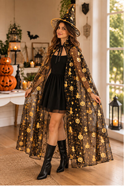 Huzur Party Store Cadılar Bayramı Pelerin Şapka Seti Gold Altın Sarısı Cadı Yarasa Baskılı Halloween Parti Kostümü