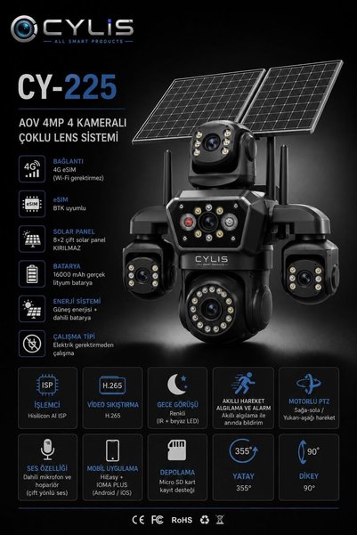 Cylis 4G AOV 4MP 4 Kameralı Çoklu Lens Sistemi (64 GB Hafıza Kartı Dahil)