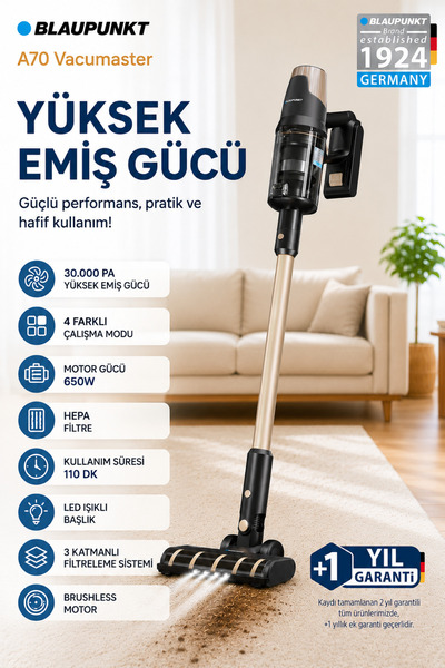 Blaupunkt A70 650W Şarjlı Dikey Süpürge 30.000 Pa Emiş Gücü 110 Dk Çalışma Sü...