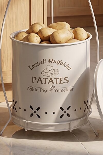 metalshop 2 Katlı Küçük Boy Metal Patates Soğan Kovası - Sebzelik - Patates Soğanlık Sepeti Krem