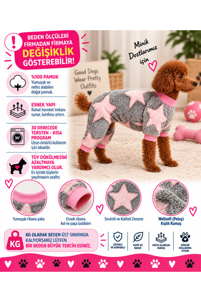 DOGİ&DOG Small Breed Pink Star Detailed Plush Dog Jumpsuit Puppy Outfit Cat O...