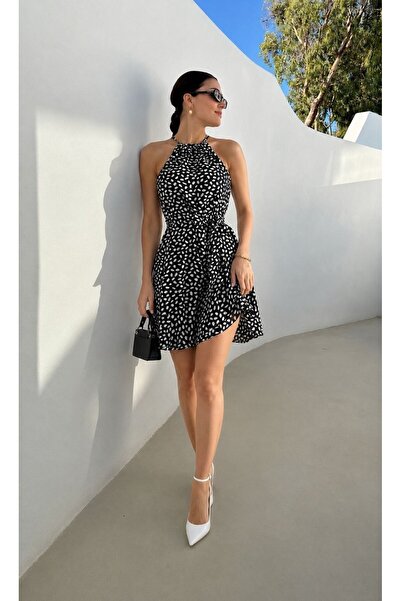 Modafeminen Desen2 Tie-Detail Floral Patterned Halter Neck Dress 582162