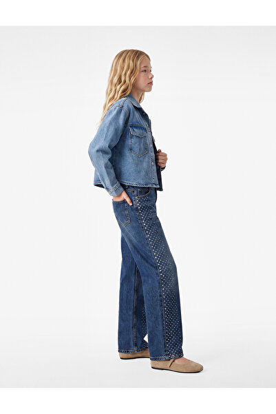 Koton Cotton Loose-Fit Stone Detailed Wide-Leg Denim Trousers