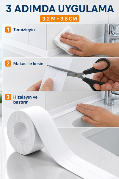 COZY SENSE Su Geçirmez Sizdirmaz Beyaz Bant Ev Küvet Lavabo Mutfak Kenar Bandı Su Geçirmez 3,2mx38 Serit Bantı