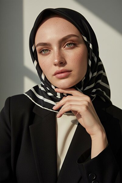 Vissona %100 Twill İpek Çizgili Desenli Siyah - Krem Renkli 90x90 Eşarp Dikim...
