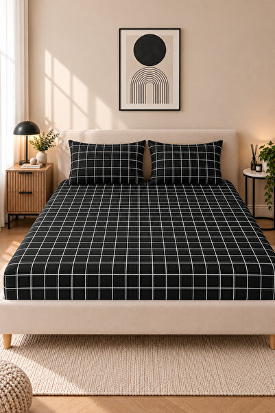 MORE HOME Double Elastic Sheet Set + Pillowcase Checkered Pattern Black and W...