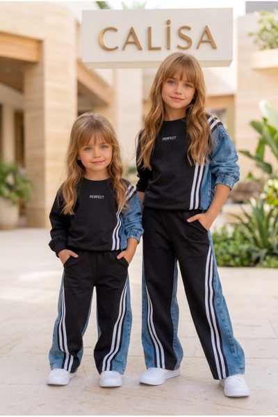 CALİSA PREMIUM Girls' Denim Trim Striped Pants Sweat 2-Piece Festive Outfit S...
