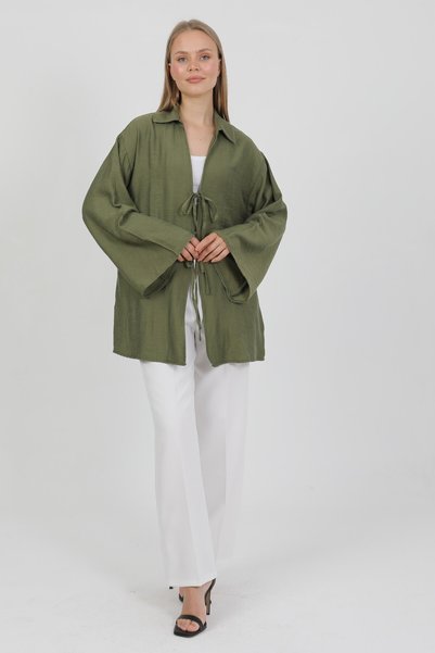 PASTELASTORE Natural Viscose Fabric Pocketed Lace-Up Women's Kimono 1167