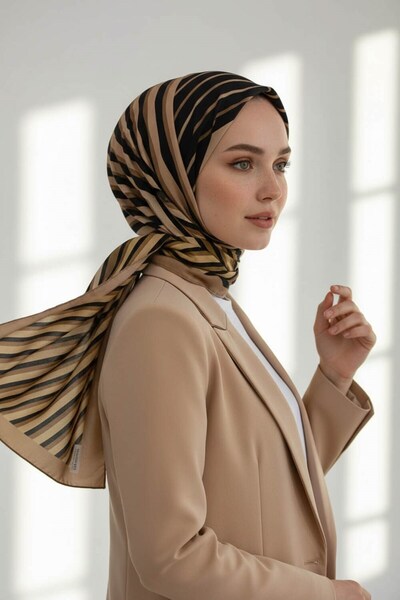 Vissona KREP ÇİZGİ DESENLİ BEJ RENKLİ 75X195 KIRIŞMAZ ŞAL