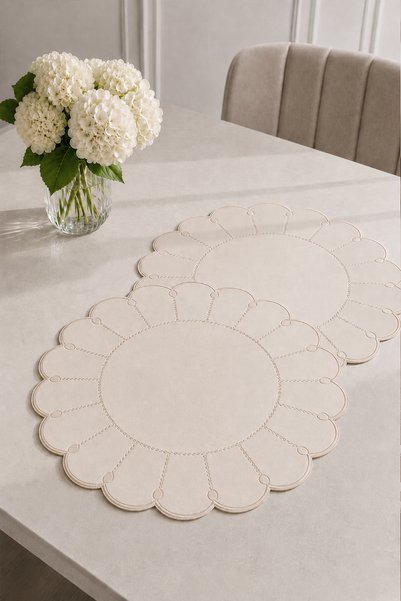 Evien Home Embroidered Leather American Service Set of 2 Double-Sided Round Placemats 40X40 cm Almada Beige