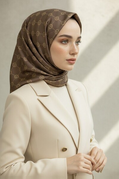 Vissona %100 Twill İpek Eşarp 90x90 Sütlü Kahve Monogram Desenli El Dikişli Kadın Eşarp