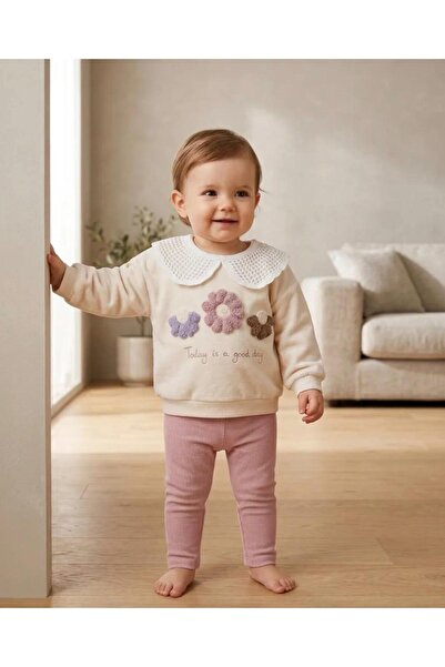 Efemkids 2'li triko yakalı çiçekli bebek takım 3/18 ay beden arası çıtçıtlı y...