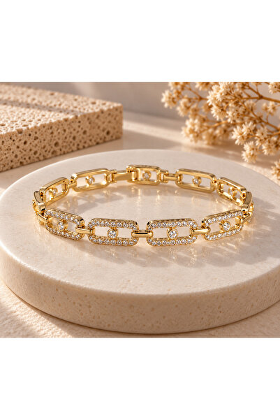 JEWELERY Kuyumcu Model Women's Bracelet – Gold Color Zircon Stone Chain Brace...