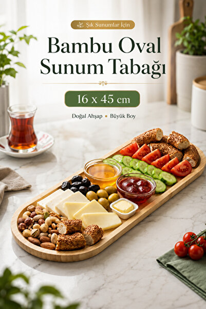 House Bird Bambu Oval Sunum Tabağı Büyük Boy 16x45 cm Doğal Ahşap Servis Teps...